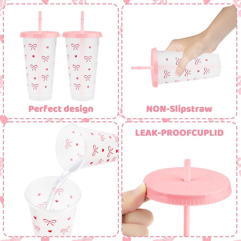 Pinsit 12Pcs 24 oz Pink Bow Plastic Cups with Straw and Lid, Reusable Coquette Bow Tie Cold Cups for Wedding Baby Shower Birthday Party Decor(Rose Pink) - Image 3