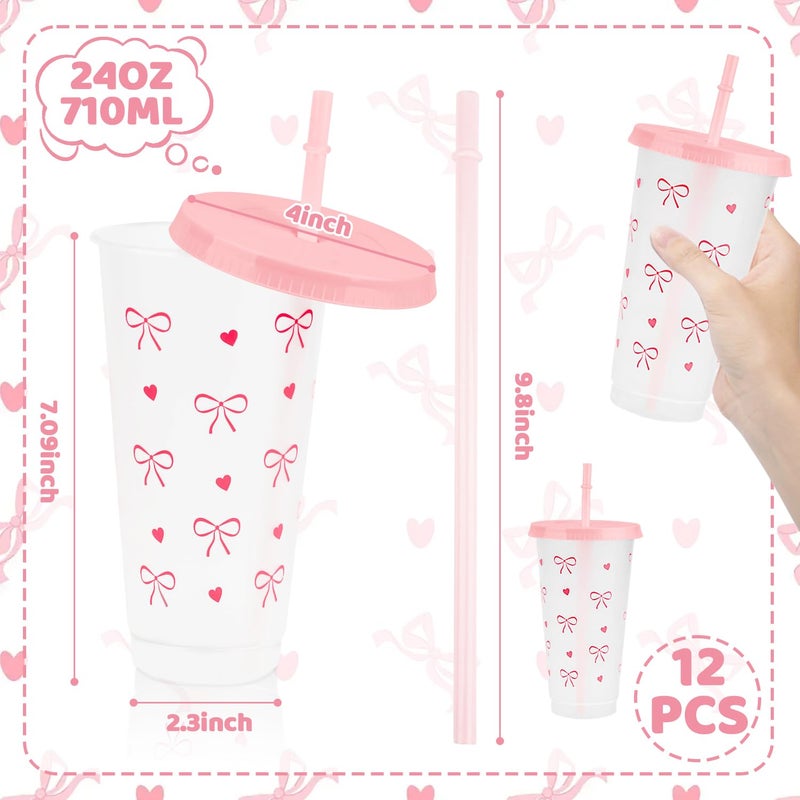 Pinsit 12Pcs 24 oz Pink Bow Plastic Cups with Straw and Lid, Reusable Coquette Bow Tie Cold Cups for Wedding Baby Shower Birthday Party Decor(Rose Pink) - Image 2