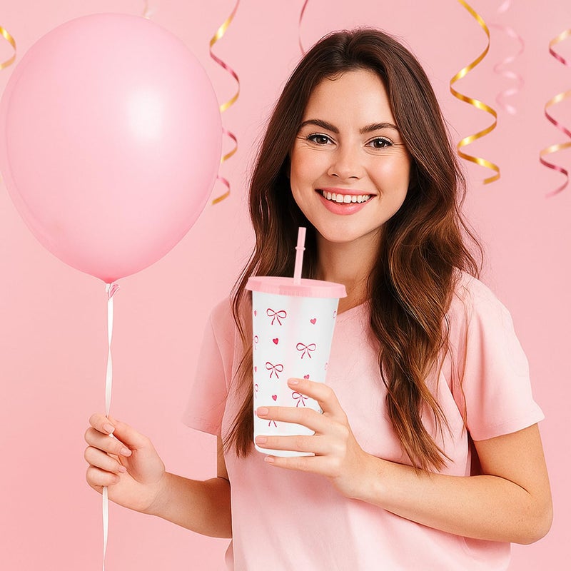 Pinsit 12Pcs 24 oz Pink Bow Plastic Cups with Straw and Lid, Reusable Coquette Bow Tie Cold Cups for Wedding Baby Shower Birthday Party Decor(Rose Pink) - Image 5