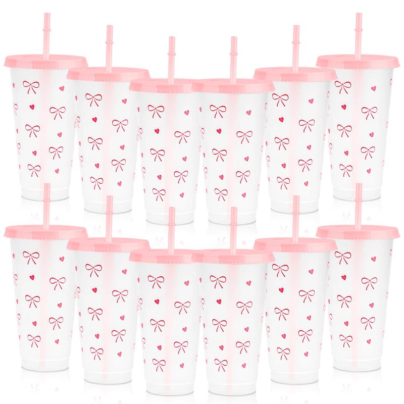 Pinsit 12Pcs 24 oz Pink Bow Plastic Cups with Straw and Lid, Reusable Coquette Bow Tie Cold Cups for Wedding Baby Shower Birthday Party Decor(Rose Pink) - Image 1