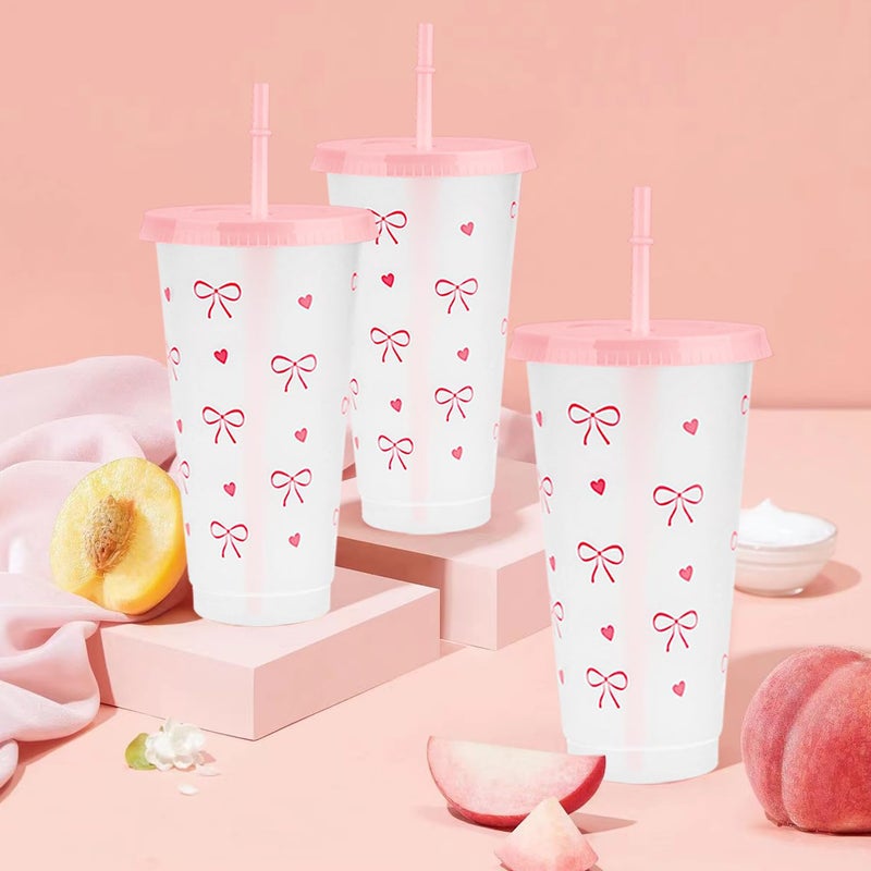 Pinsit 12Pcs 24 oz Pink Bow Plastic Cups with Straw and Lid, Reusable Coquette Bow Tie Cold Cups for Wedding Baby Shower Birthday Party Decor(Rose Pink) - Image 4