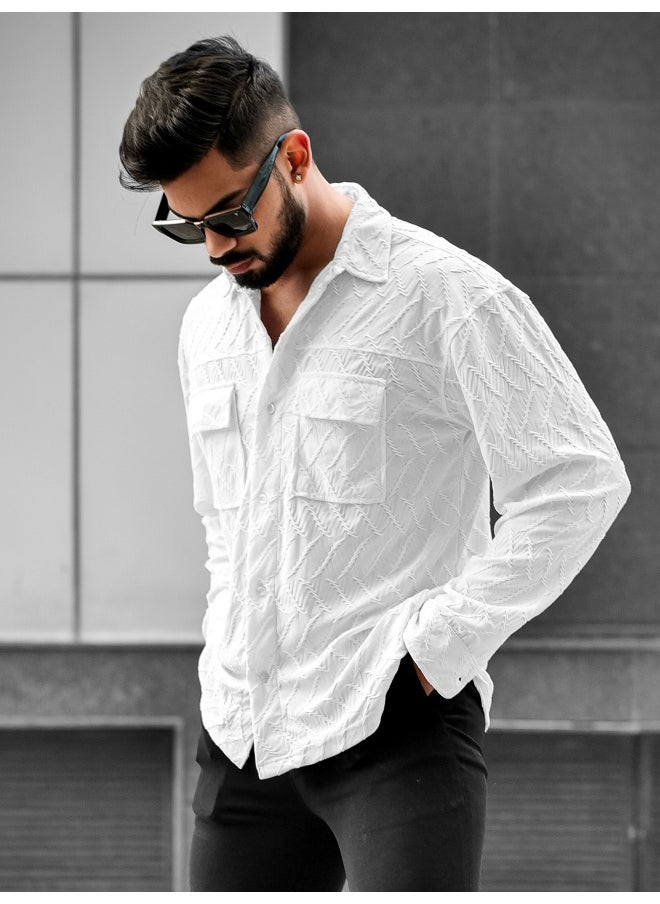 Maniac Mens Creased Solid Collared Neck Full Sleeve White Cotton Shirt  - Image 2