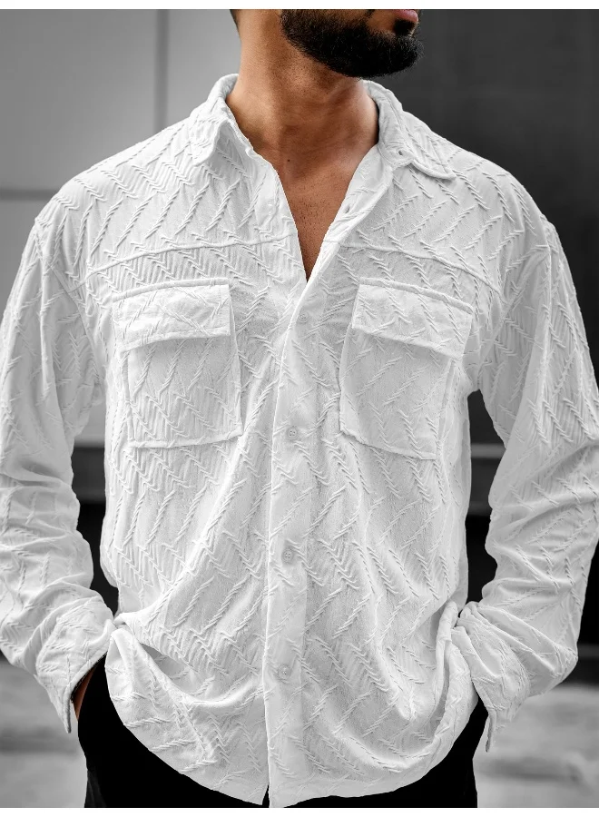 مانياك Mens Creased Solid Collared Neck Full Sleeve White Cotton Shirt