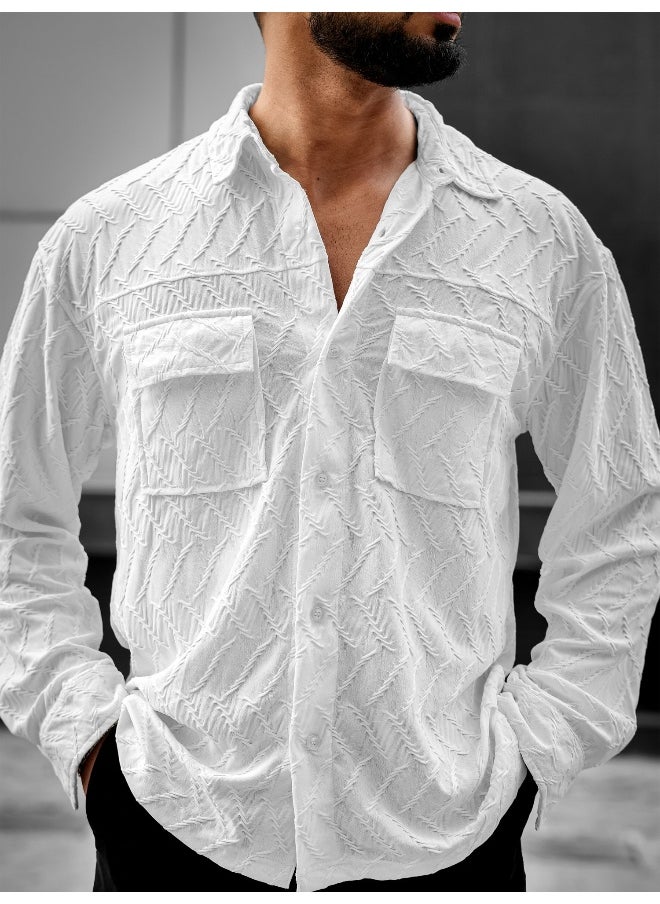 Maniac Mens Creased Solid Collared Neck Full Sleeve White Cotton Shirt  - Image 4