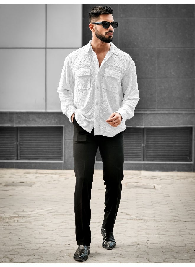 Maniac Mens Creased Solid Collared Neck Full Sleeve White Cotton Shirt  - Image 5