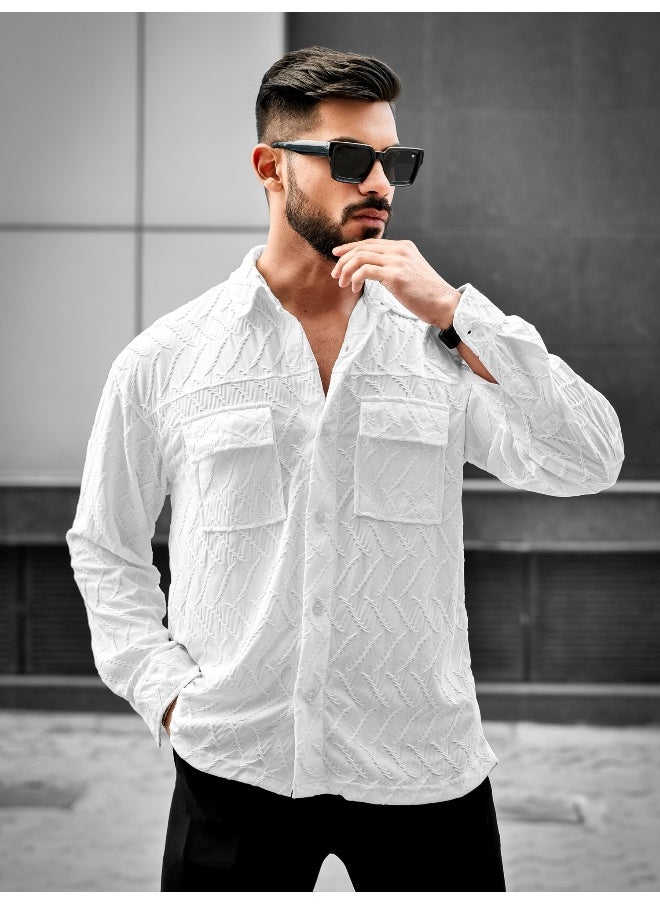 Maniac Mens Creased Solid Collared Neck Full Sleeve White Cotton Shirt  - Image 1