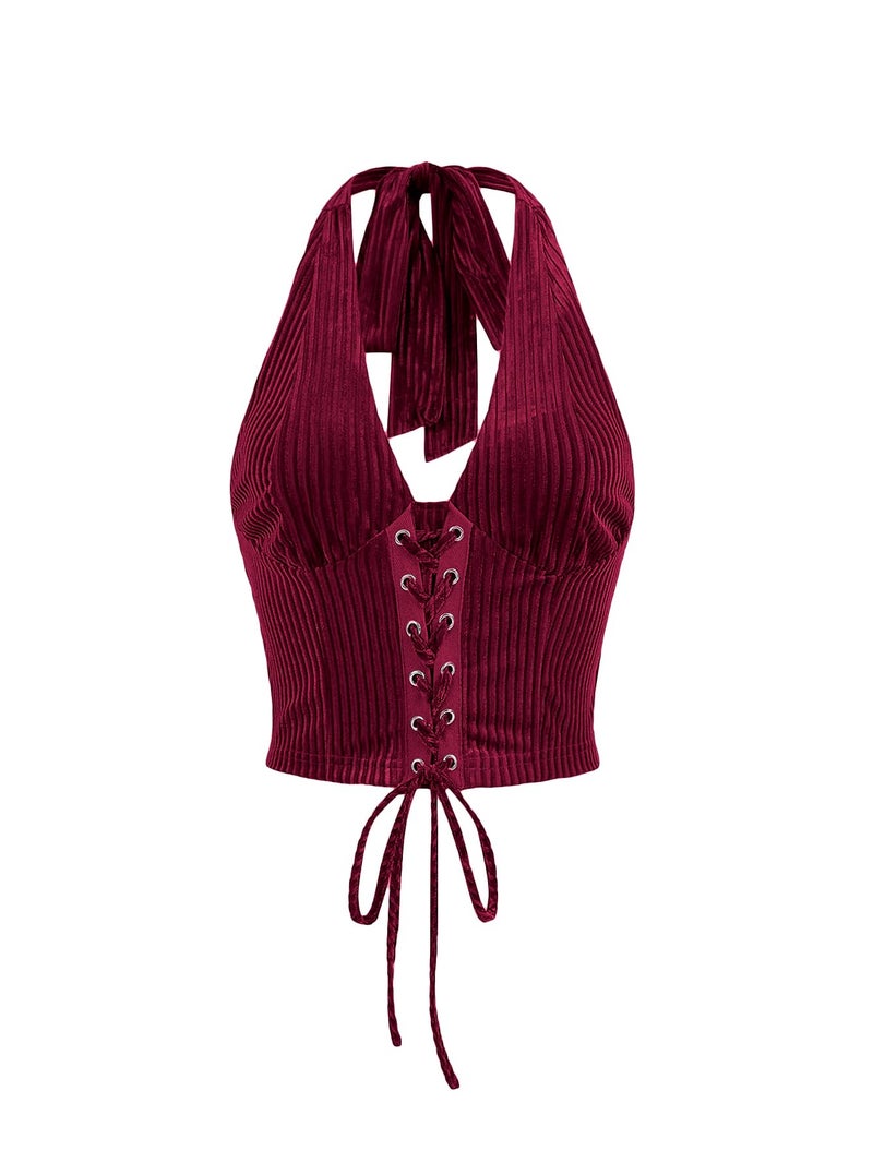 Verdusa Women's 2026 Going Out Halter Corset Top Lace Up Open Back Crop Tops Concert Cowgirl Outfits Scarlet Red Medium - Image 1