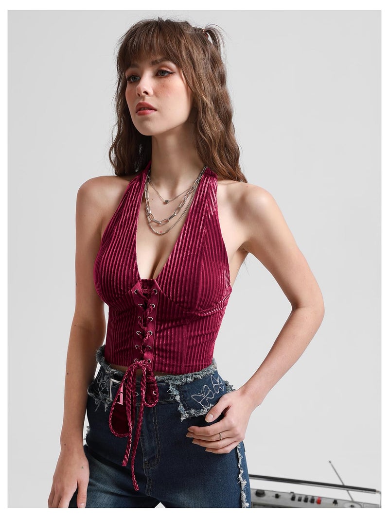 Verdusa Women's 2026 Going Out Halter Corset Top Lace Up Open Back Crop Tops Concert Cowgirl Outfits Scarlet Red Medium - Image 3
