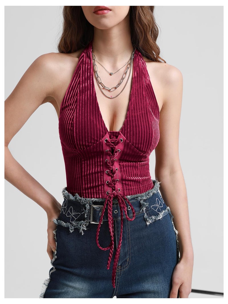 Verdusa Women's 2026 Going Out Halter Corset Top Lace Up Open Back Crop Tops Concert Cowgirl Outfits Scarlet Red Medium - Image 2