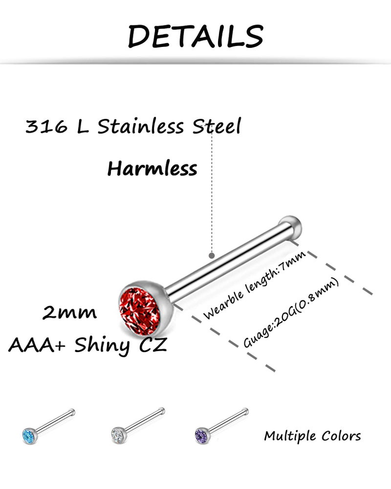 Tornito 100Pcs Bone Nose Studs Hoop Stainless Steel Nose Rings Set Multicolor Cubic Zirconia Hoop Tragus Cartilage Nose Ring Labret Nose Piercing Pin Jewelry for Women Men 2mm 20G 22G - Image 2