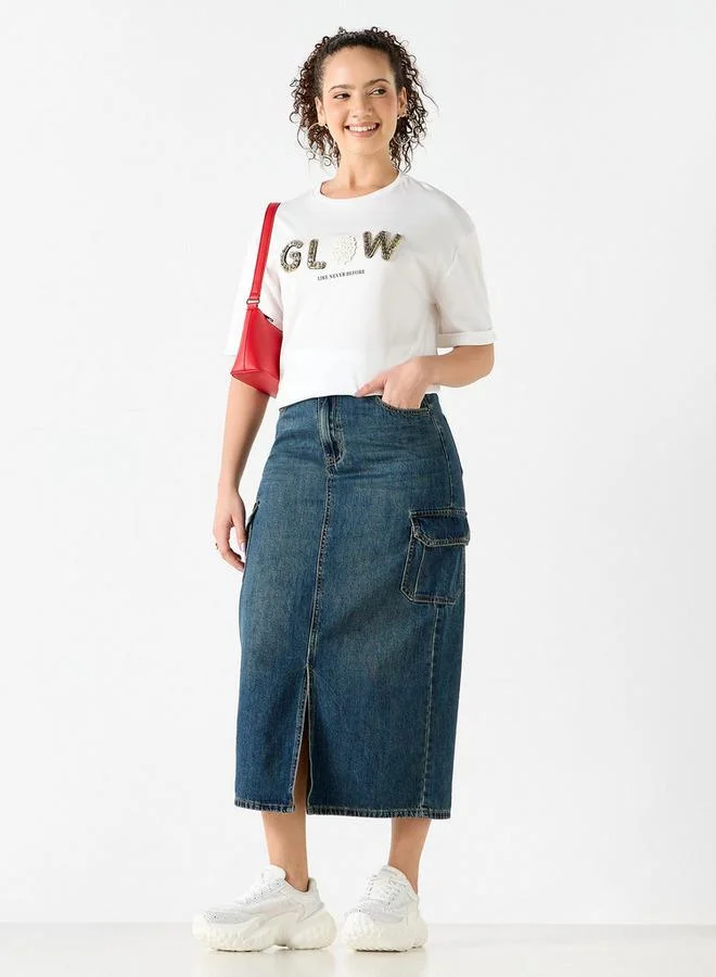 Splash FAV Embellished Round Neck T-shirt with Short Sleeves