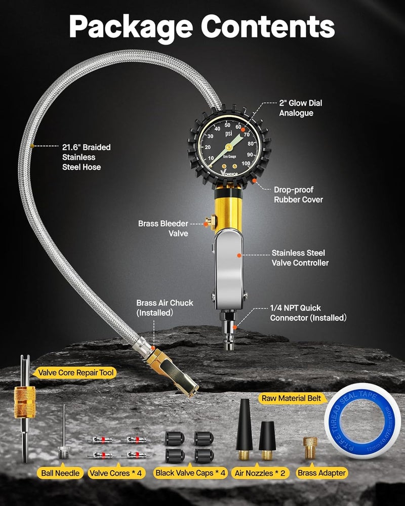 Vondior Tire Inflator with Pressure Gauge(0-100 PSI) - ANSI B40.1 Accurate, Large 2" Glow Dial, Premium Braided Hose, Durable Rubber Hose, Perfect for Any Car, Truck, Motorcycle, RV - Image 2