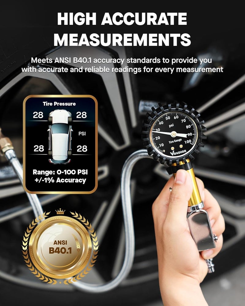 Vondior Tire Inflator with Pressure Gauge(0-100 PSI) - ANSI B40.1 Accurate, Large 2" Glow Dial, Premium Braided Hose, Durable Rubber Hose, Perfect for Any Car, Truck, Motorcycle, RV - Image 5