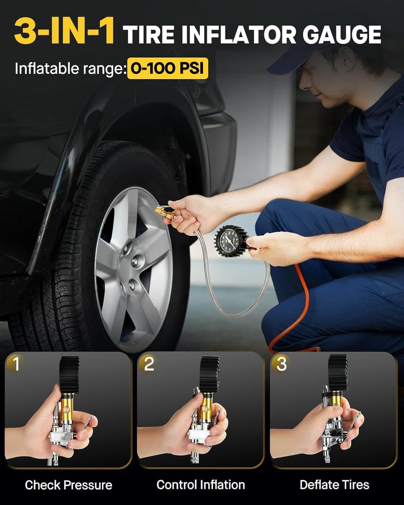 Vondior Tire Inflator with Pressure Gauge(0-100 PSI) - ANSI B40.1 Accurate, Large 2" Glow Dial, Premium Braided Hose, Durable Rubber Hose, Perfect for Any Car, Truck, Motorcycle, RV - Image 3