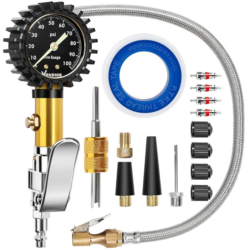 Vondior Tire Inflator with Pressure Gauge(0-100 PSI) - ANSI B40.1 Accurate, Large 2" Glow Dial, Premium Braided Hose, Durable Rubber Hose, Perfect for Any Car, Truck, Motorcycle, RV - Image 1