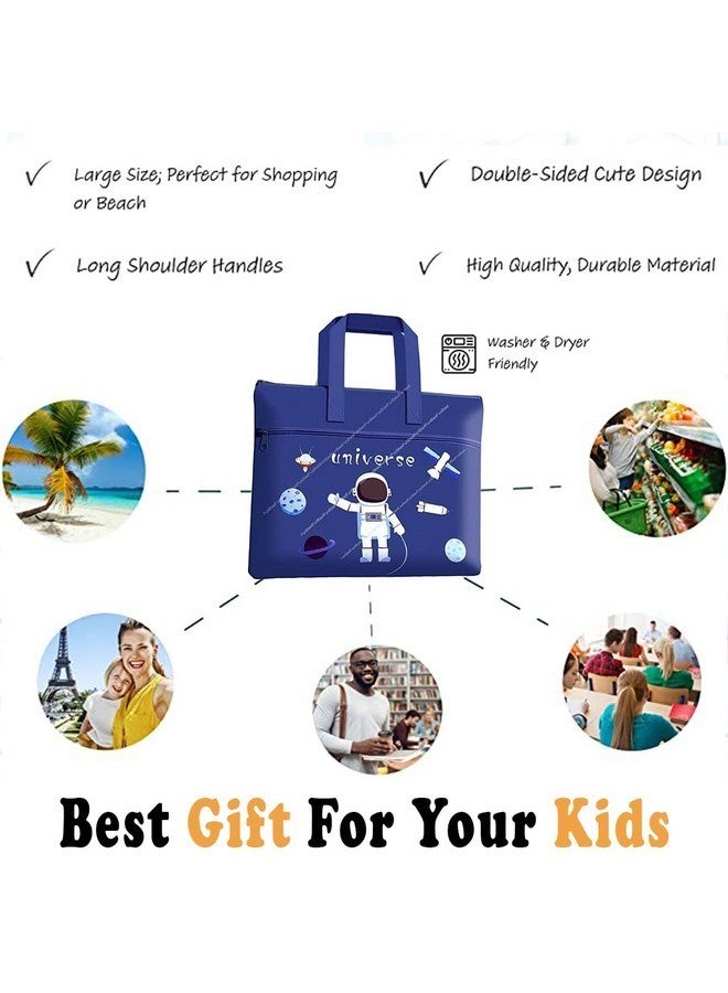 FunBlast Cute Cartoon Print Canvas Tote Bag - Multi-Purpose Portable Double Layer Zipper File Bag for Travel Accessories (Blue, Unisex-Adult) - Image 4