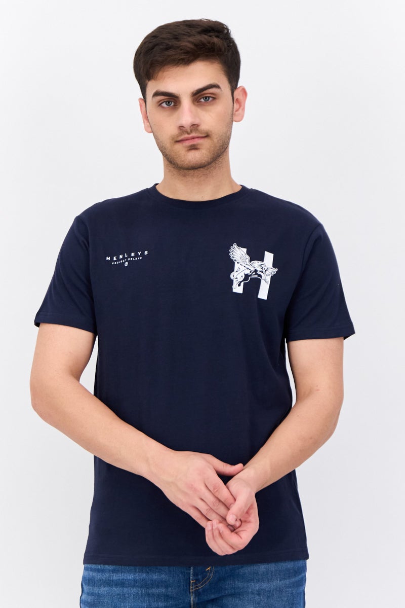 Henleys Men Crew Neck Short Sleeves Brand Logo Kilhen T-Shirt, Navy - Image 1