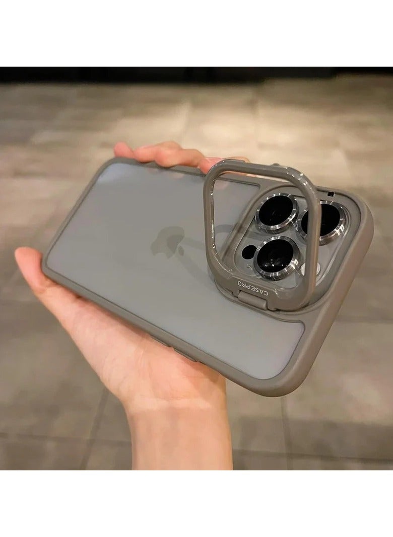 Luxury Invisible Folding Holder Holder Stand Phone Case For IPhone 15 Pro Max Case With Lens Film Ring Metal Bracket Soft Bumper Clear Hard Back Cover (Grey)  - Image 2