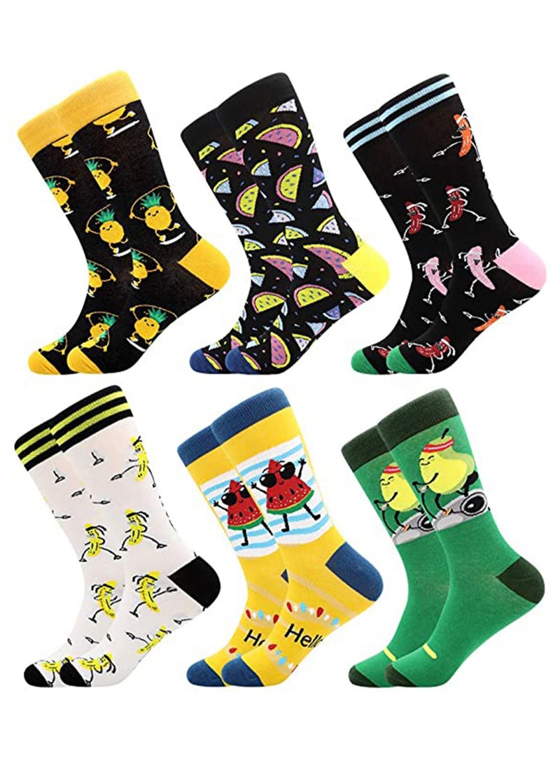 6 PCS Cotton Soft Funny Dress Socks for Men Women Funky Casual Crazy Colorful Patterned Fruit Cartoon Cool Novelty Crew Pack Art Animal Space MultiPack - Image 1