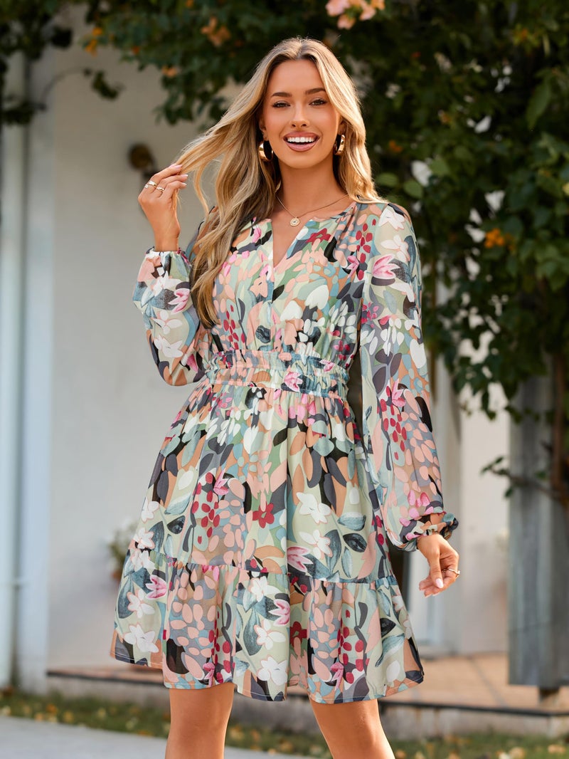 Simplee Womens Fall Floral Mini Dress Boho Empire Waist Swing Flowy Formal Dress Vacation Clothes Spring Summer Dressï¼ˆGreen Floral Lï¼‰ - Image 3