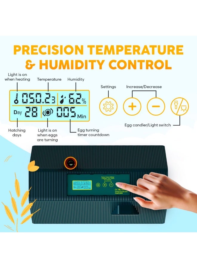 WALALLA 10 Egg Incubator for Hatching Chicken, Quail, Duck & Pigeon Eggs, Automatic Egg Turner, Humidity Control, External Water Filling, LED Display, Integrated Egg Candler, Green & Yellow - Image 2