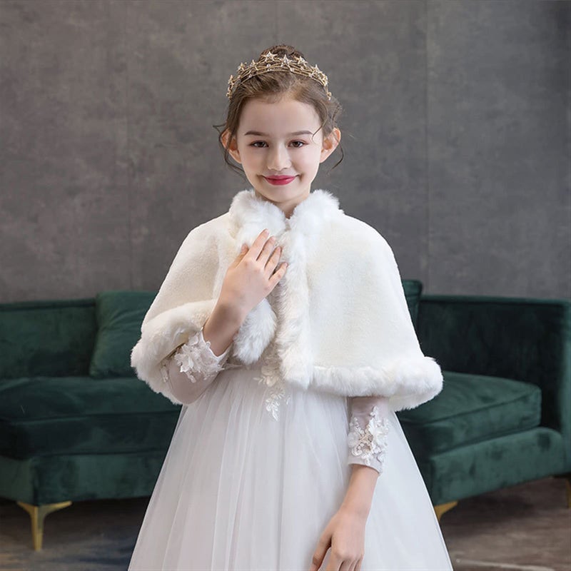 SK Studio Girls Faux Fur Wraps Shawl Girl Bolero Shrug Princess Cape Party Dress Up Jacket White, 7-11 Years - Image 4