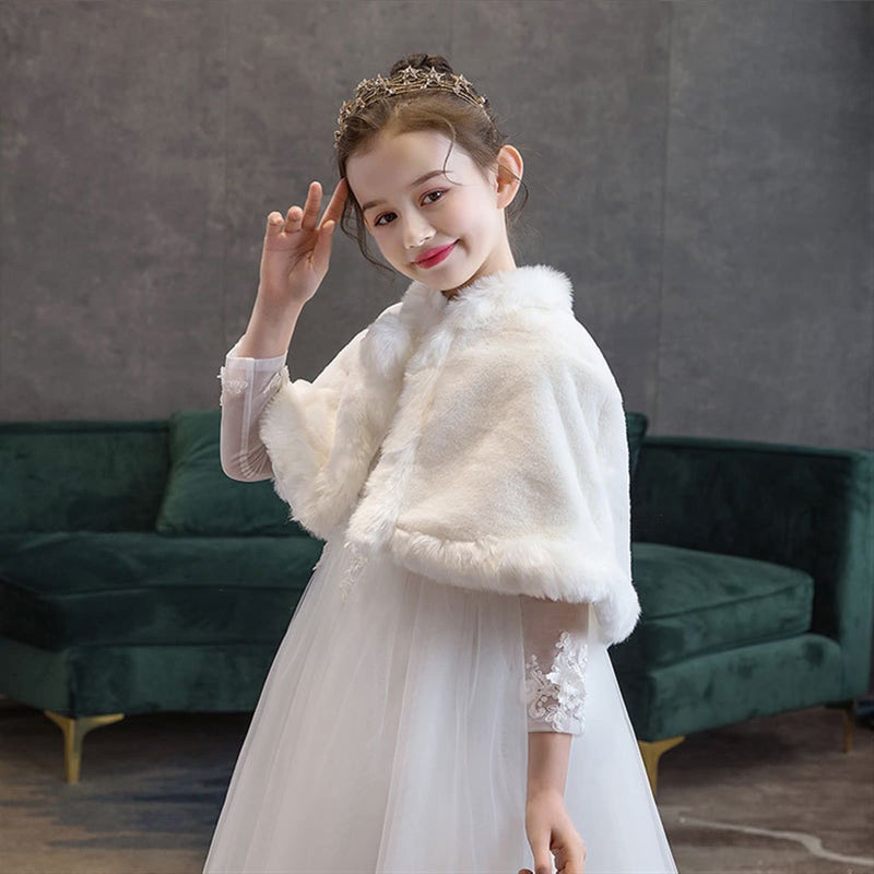 SK Studio Girls Faux Fur Wraps Shawl Girl Bolero Shrug Princess Cape Party Dress Up Jacket White, 7-11 Years - Image 3