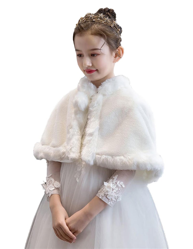 SK Studio Girls Faux Fur Wraps Shawl Girl Bolero Shrug Princess Cape Party Dress Up Jacket White, 7-11 Years - Image 2