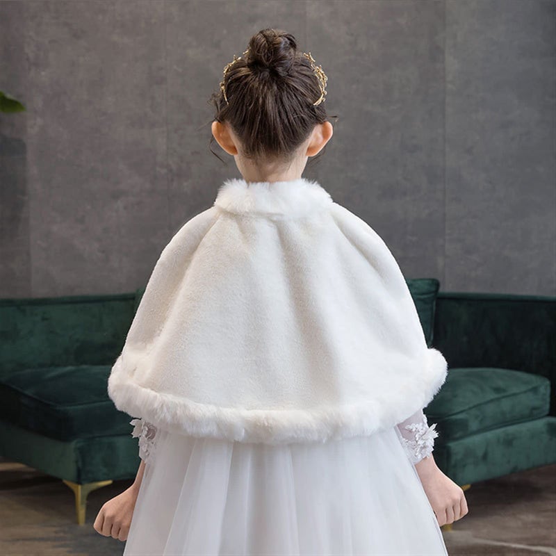 SK Studio Girls Faux Fur Wraps Shawl Girl Bolero Shrug Princess Cape Party Dress Up Jacket White, 7-11 Years - Image 5