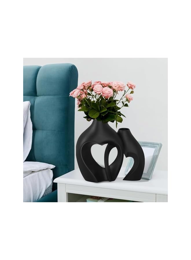 The Bros Snuggle Hollow Ceramic Vase Set of 2, Nordic Modern Boho ins Style Decorative Ceramic Aesthetic Flower Vase for Home Decor (Black-2) - Image 5