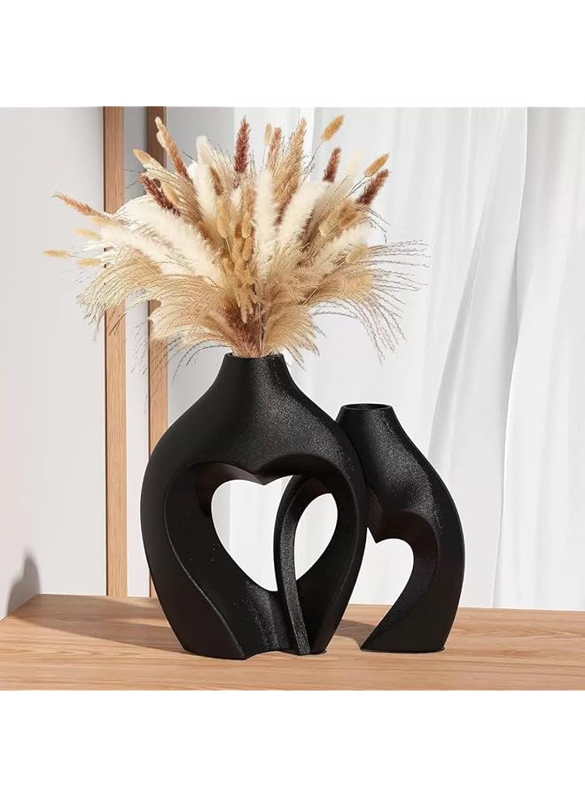 The Bros Snuggle Hollow Ceramic Vase Set of 2, Nordic Modern Boho ins Style Decorative Ceramic Aesthetic Flower Vase for Home Decor (Black-2) - Image 1