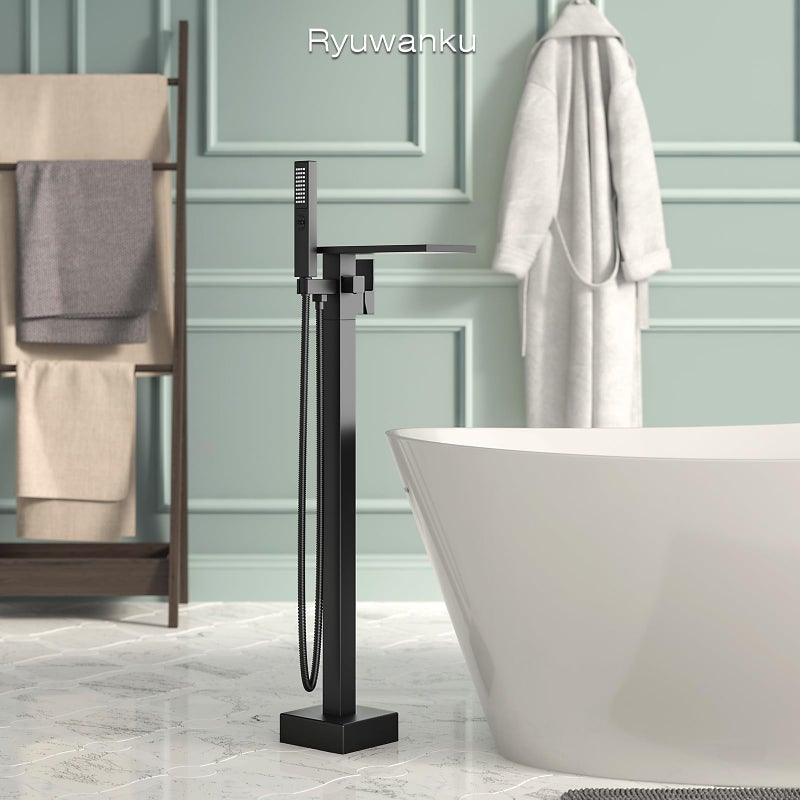 ryuwanku Freestanding Bathtub Faucet with Handheld Sprayer, Matte Black Floor Mount Tub Filler, High Flow Waterfall Brass Bath Shower Faucet for Modern Bathroom - Image 2