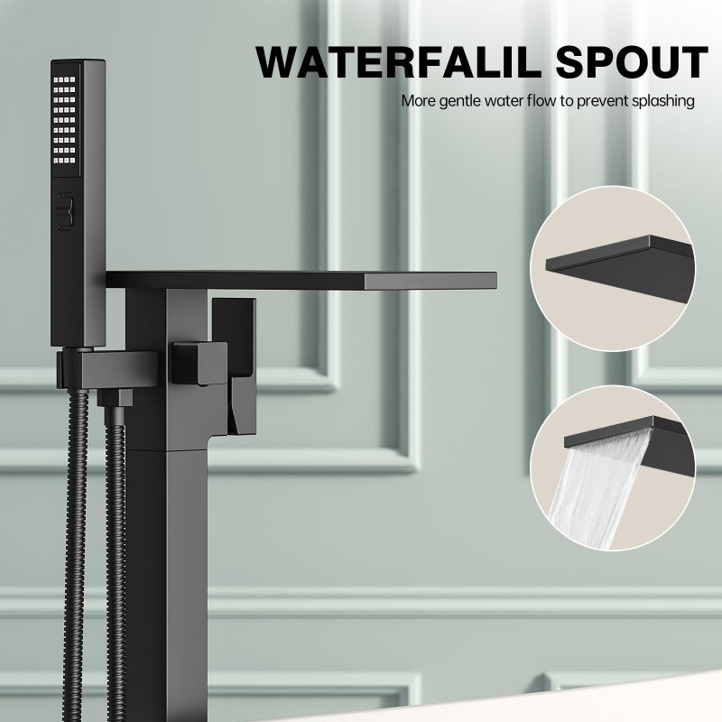 ryuwanku Freestanding Bathtub Faucet with Handheld Sprayer, Matte Black Floor Mount Tub Filler, High Flow Waterfall Brass Bath Shower Faucet for Modern Bathroom - Image 5