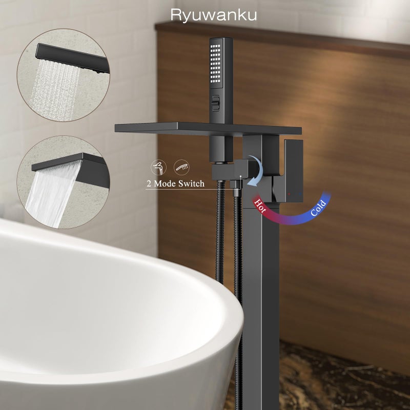 ryuwanku Freestanding Bathtub Faucet with Handheld Sprayer, Matte Black Floor Mount Tub Filler, High Flow Waterfall Brass Bath Shower Faucet for Modern Bathroom - Image 3