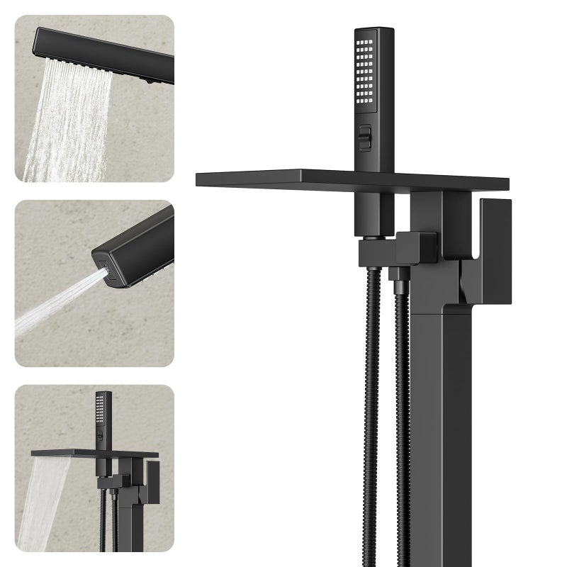 ryuwanku Freestanding Bathtub Faucet with Handheld Sprayer, Matte Black Floor Mount Tub Filler, High Flow Waterfall Brass Bath Shower Faucet for Modern Bathroom - Image 1