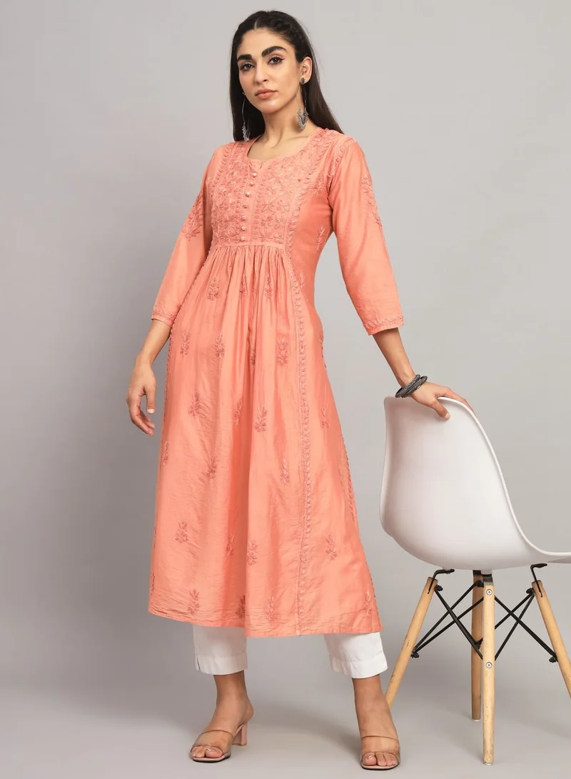 Alaya Hand Embroidered Chikankari Chanderi Cotton A-Line Kurta-AL3608