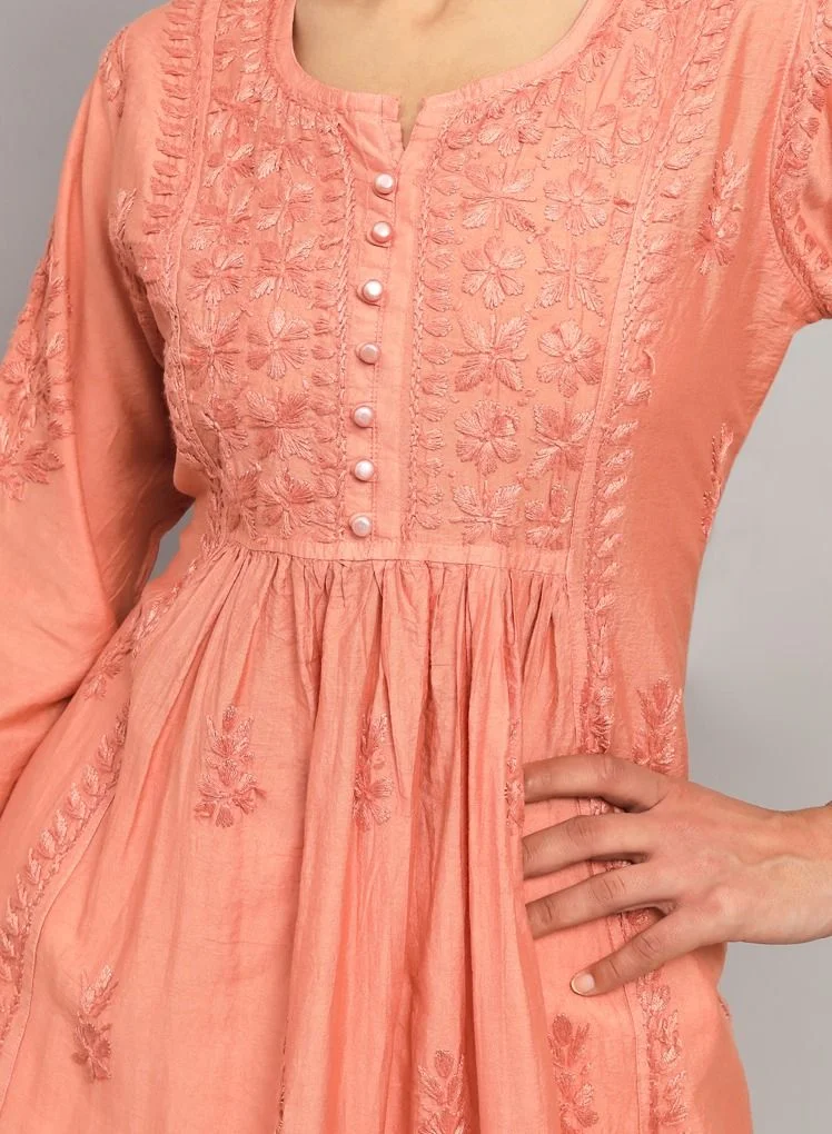 Alaya Hand Embroidered Chikankari Chanderi Cotton A-Line Kurta-AL3608