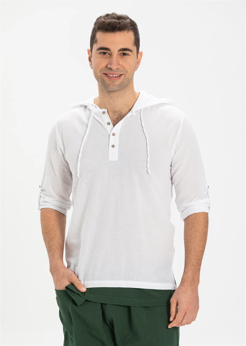 Eliş Şile Bezi Şile Bezi Çift Cepli Kapüşonlu Erkek Sweatshirt Beyaz Byz