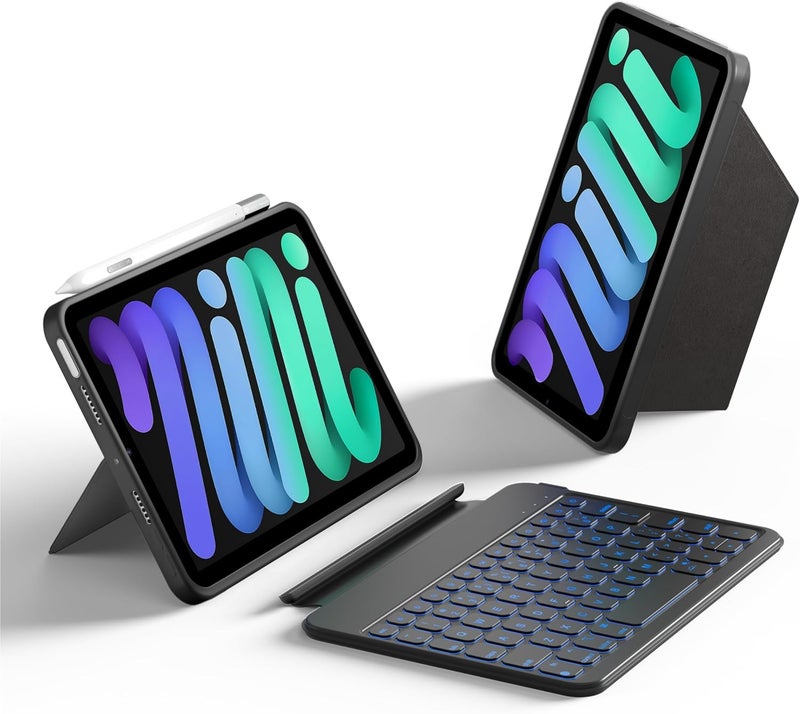 هوو حقيبة لوحة مفاتيح لأجهزة iPad Mini 7/6، حامل قابل للتعديل بزاوية 156 درجة، حقيبة حماية كاملة قابلة للفصل لأجهزة iPad Mini 7/6، 11 مفتاح اختصار، إضاءة خلفية بـ 7 ألوان، بولي يوريثان سيليكون، متعددة الوظائف، بلوتوث، تخطيط أمريكي - Image 1