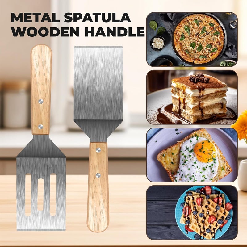 volikos Stainless Steel Spatula Set, Metal Spatula for Cast Iron Skillet, Metal Spatulas for Kitchen Use with Wooden Handle, Ideal for Frying Steak, Pancake, Cookie, Burger, Brownie or Desserts - Image 3