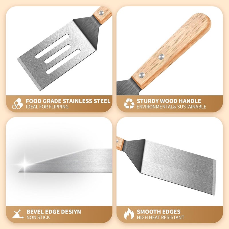 volikos Stainless Steel Spatula Set, Metal Spatula for Cast Iron Skillet, Metal Spatulas for Kitchen Use with Wooden Handle, Ideal for Frying Steak, Pancake, Cookie, Burger, Brownie or Desserts - Image 1