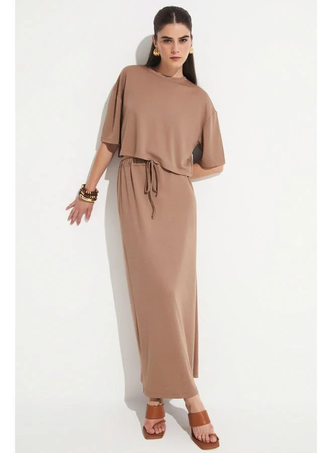 JUNE June Women Modal Blend Crop Skirt Set Brown