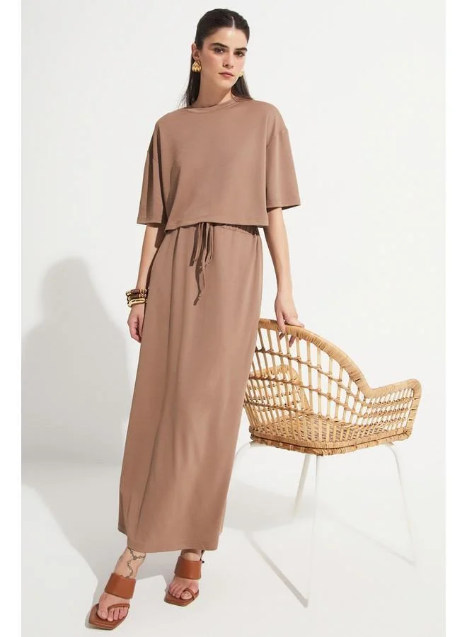 JUNE June Women Modal Blend Crop Skirt Set Brown