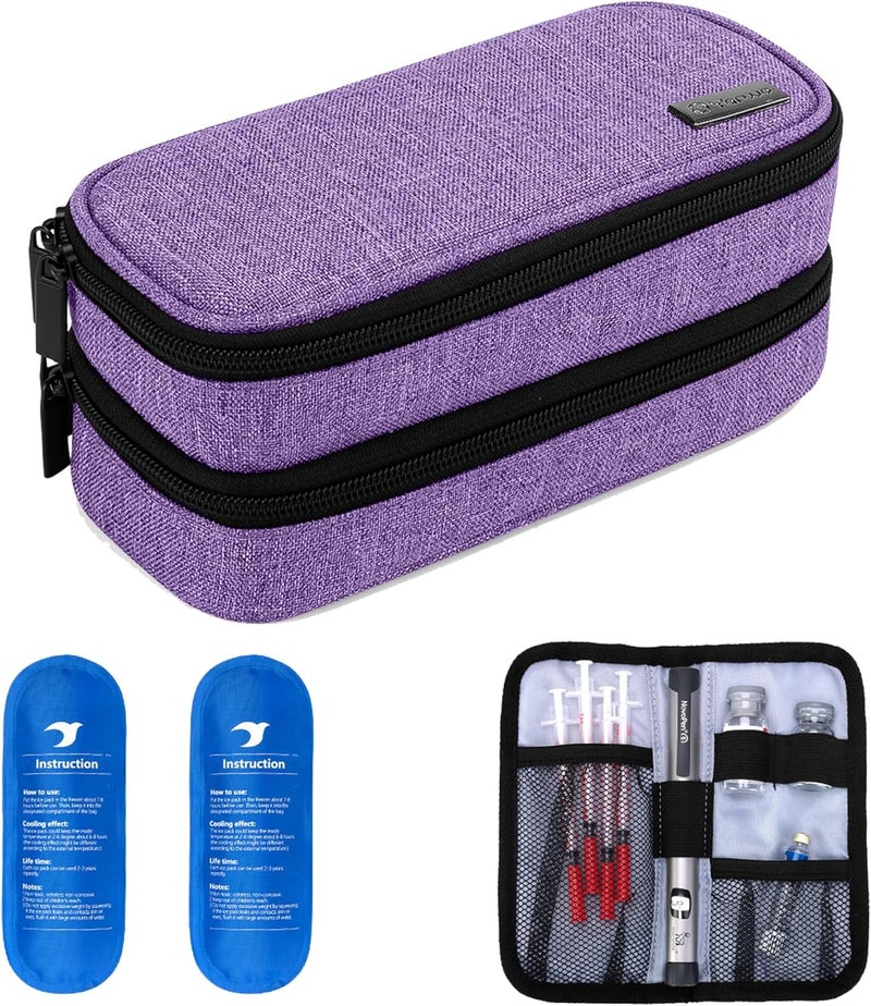 Yarwo Insulin Cooler Travel Case DoubleLayer Diabetic Travel Case with 2 Ice Packs Diabetic Supplies Organizer for Insulin Pens Blood Glucose Monitors or Other Diabetes Care Accessories Purple - Image 1