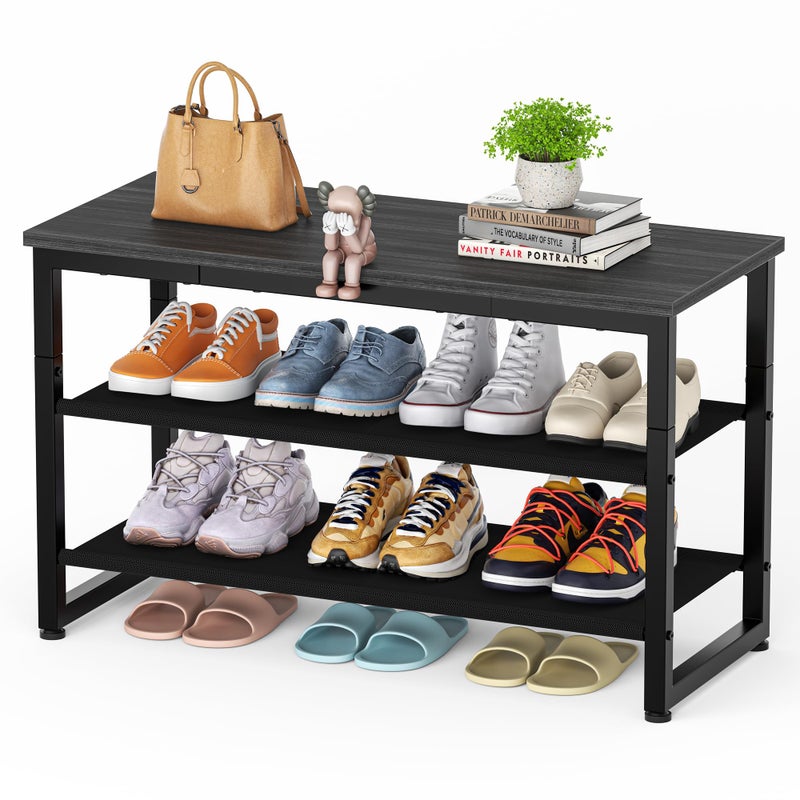 رف أحذية SIMPDIY 3 طبقات مقعد أحذية مع رف خشبي تخزين أحذية مع مقعد لمدخل المنزل غرفة المعيشة الممر غرفة النوم سعة تحميل 150 كجم أسود