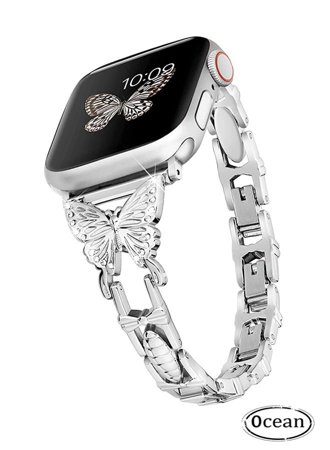 Shiny Diamond On erfly Jewelry Metal Strap For Apple Watch SE Series 8/7/6/5/4/3/2/1 (Silver, 38mm/40mm/41mm) - Image 1
