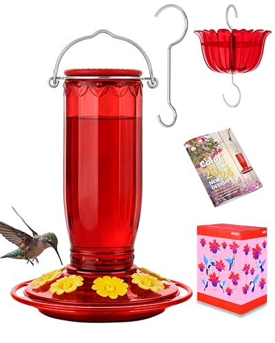 iBorn Hummingbird Feeders for Outdoors Hanging with Ant Moat for Hummingbird Feeder Glass 8 Ports for 16oz Humming Bird NectarYellow Flowers Red Glass Pack of 1 - Image 1