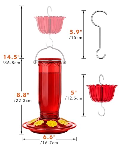 iBorn Hummingbird Feeders for Outdoors Hanging with Ant Moat for Hummingbird Feeder Glass 8 Ports for 16oz Humming Bird NectarYellow Flowers Red Glass Pack of 1 - Image 3