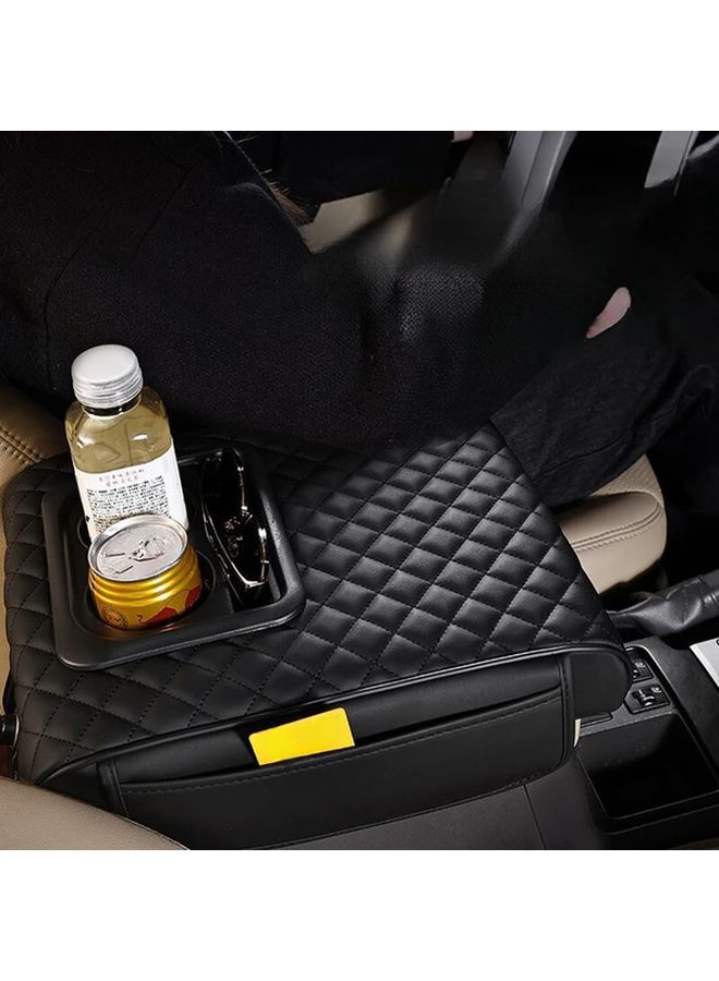Beige Car Armrest Cover With Cup Holders And Storage Pockets - Image 4