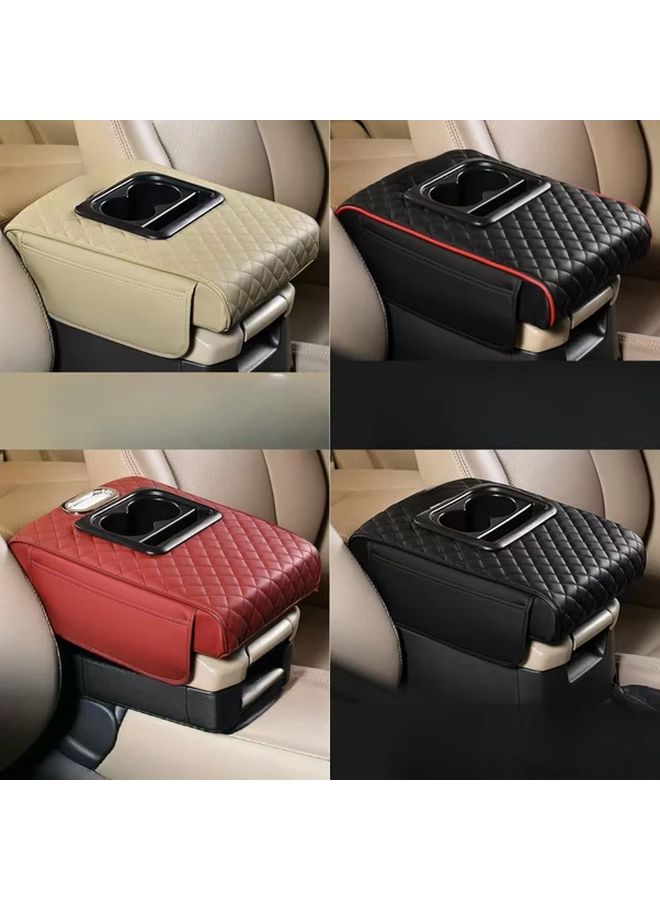 Beige Car Armrest Cover With Cup Holders And Storage Pockets - Image 1